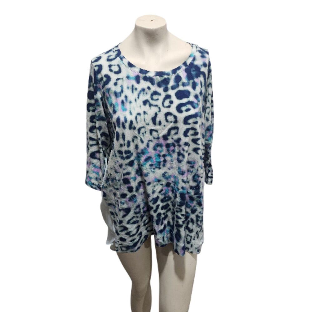 LOGO by Lori Goldstein Top 1X Blue Leopard Print Tunic Layered Hem Asymmetrical